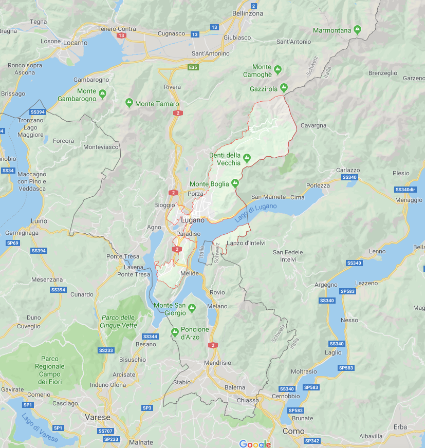 Map of Lugano and surrounding region