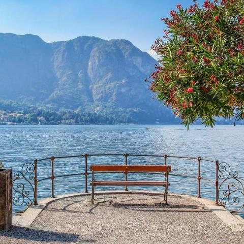 a bench next to a body of water with a mountain in the background
