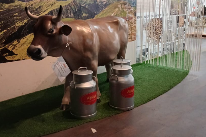 Artificial cow with two milk cans on fake grass in front of a mountain backdrop.